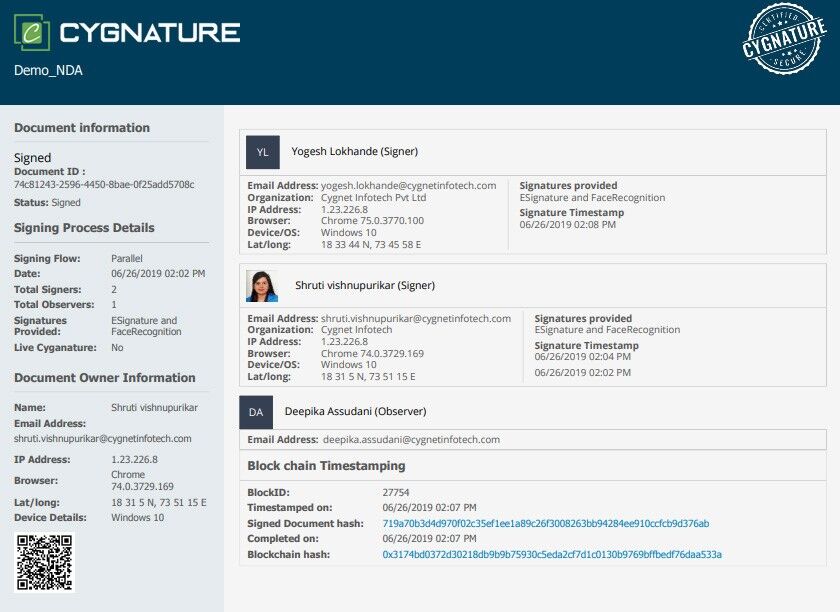 Cygnature Certificate of Completion